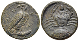Heavy bronze coin from Akragas (onkia, ca. 406). Source: coinarchives.com (Gorny & Mosch Giessener Münzhandlung > Auction 265. Lot number: 74. Auction date: 14 October 2019)