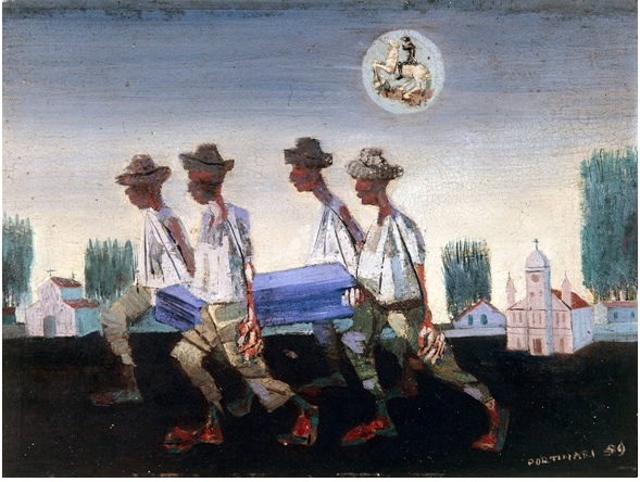 Enterro (1959), de Candido Portinari. Pintura a óleo, madeira compensada. 24,5 x 33,5 cm. Ao fundo, paisagem de Brodowksi (uma ἐκφορά caipira?).